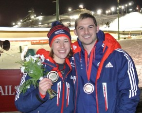 Lizzy Yarnold and Dom Parsons with their Calgary medals