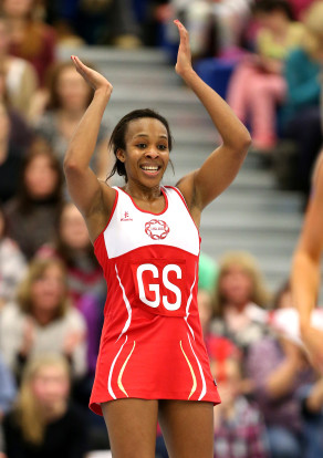 Pamela Cookey of England Netball celebrates.  Photo: Backpage Images