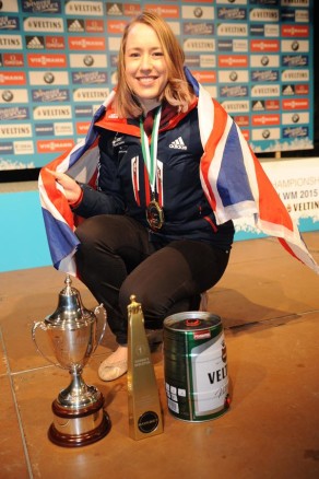 Lizzy Yarnold celebrates after winning the 2015 FIBT Skeleton World Championships. PICTURE: Charlie Brooker / FIBT