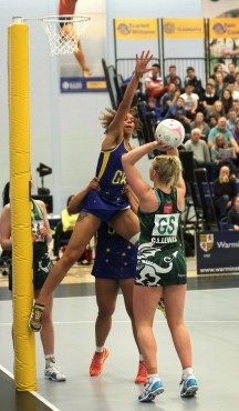 Bessie Manu gives Sam Cook a defensive lift in Team Bath Netball's 50-34 win over Celtic Dragons. PICTURE: David Roper