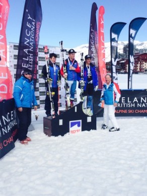 Nick Moynihan on the podium after winning the giant slalom title at the 2015 Delancey British National Alpine Ski Championships