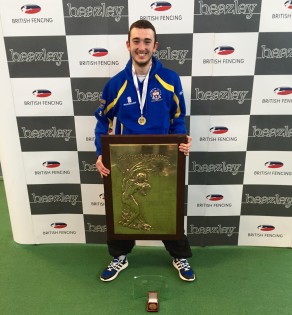 Tom Edwards celebrates after winning the 2015 Beazley British Championships epee fencing title