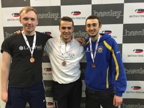 (From left) Philip Marsh, Chris Hay and Tom Edwards with their epee team medals from the 2015 Beazley British Championships