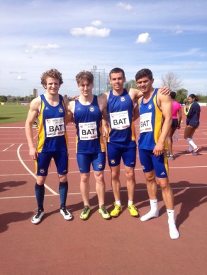 BUCSAthletic0515_3 (From left) The Bath men's 4x400m relay team of Jack Houghton, Sam Malpass, James Webster and Jacob Paul