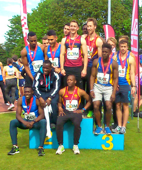 BUCSAthletics0514_4 Long jump champion Joshua Olawore (front, second from right) and Peter Oliver (front, right) were in the Bath 4x100m relay team which won bronze
