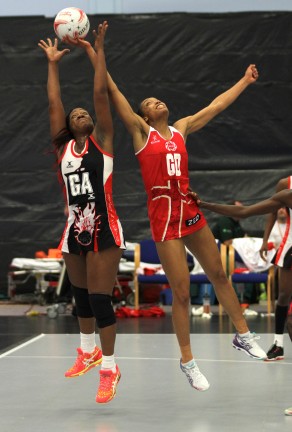 Sonia Mkoloma in action for England Netball in their 65-42 victory over Trinidad & Tobago at the Sports Training Village. PICTURE: David Roper