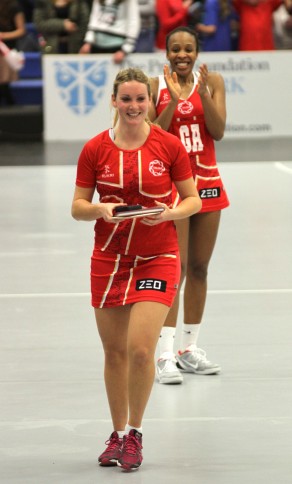 IMG_4146 Pamela Cookey applauds Natalie Haythornthwaite as she receives her first cap ahead of England Netball's victory over Trinidad & Tobago. PICTURE: David Roper
