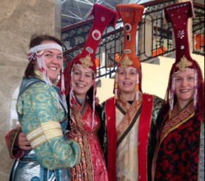 Kate Howey tweeted this picture of Megan Fletcher (left) and Gemma Howell (right) in traditional Mongolian dress, along with Sally Conway and University of Bath graduate Gemma Gibbons