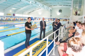 Michael Jamieson receives a plaque from Director of Sport Stephen Baddeley at the official opening of the London 2012 Legacy Pool. PICTURE: Sam Farr