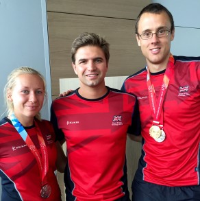 Alex Walker (left) and Darren Walsh (right) with Team Bath MCTA Director of Tennis Barry Scollo, who coached the British team in Gwangju