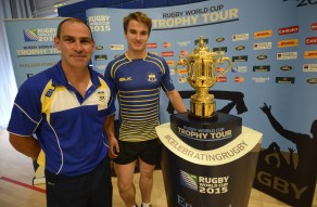 Head of rugby Aaron James and University of Bath rugby player Michael Snook, a Chemistry student