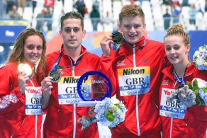 (From left) Fran Halsall, Chris Walker-Hebborn, Adam Peaty and Siobhan-Marie O'Connor won the mixed 100m medley relay at the 2015 World Swimming Championships