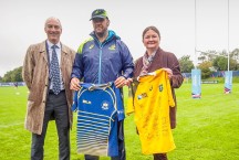 Stephen Baddeley (left) and Professor Dame Glynis Breakwell (right) with Michael Cheika, Head Coach of Australia