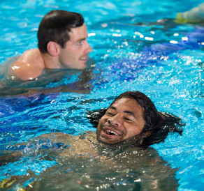 The Australian team at the University of Bath pool for a recovery session following its 2015 Rugby World Cup pool A victory over Fiji at the Millennium Stadium, Cardiff. Bernard Foley and Tatafu Polota-Nau. MUST CREDIT: ARU Media/Stuart Walmsley