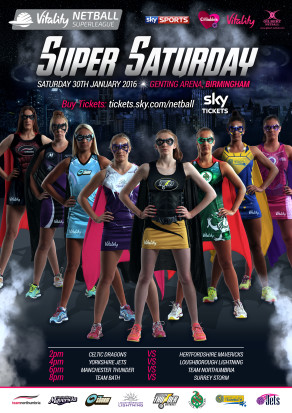 Poster promoting Super Saturday, the opening event of the 2016 Vitality Superleague season