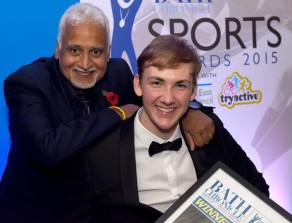 Piers Gilliver, Disabled Sports Personality of the Year at the 2015 Bath Chronicle Sports Awards, with coach Baldip Sahota