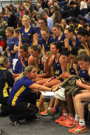 A team-talk from Team Bath Netball director of netball Jess Thirlby and head coach Anna Stembridge during the pre-season tri-tourmanent in November 2015