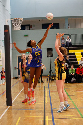 Team Bath Netball captain Eboni Beckford-Chambers in action during the Mike Greenwood Trophy final, November 2015. MUST CREDIT: Mark Pritchard/Manchester Thunder