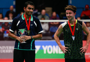 Alex Lane (right) was runner-up to Rajiv Ouseph in the men's singles final at the 2016 English National Badminton Championships