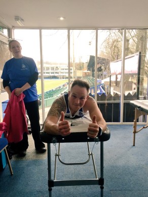 A thumbs-up from a runner with the Bath Rugby Foundation after a massage from a student on the Sports Massage course