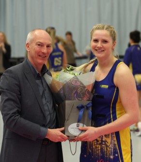 Chelsea Lewis receives her player of the match award from Director of Sport Stephen Baddeley after Team Bath Netball beat Celtic Dragons in the Vitality Netball Superleague, March 2016