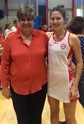 Denise Ellis tweeted this picture of herself with Ella Powell-Davies at the Netball Europe U17 Championships in March 2016