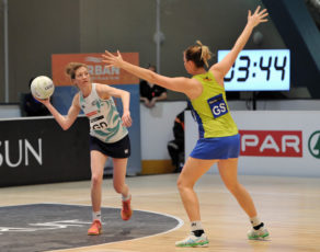 Karla Mostert of the Crinums closed down by Lenize Potgieter of the Jaguars during the 2016 Brutal Fruit Netball Premier League final match between Jaguars and Crinums at Olive Convention Centre, Durban in Kwa-Zulu Natal South Africa on 28 May, 2016 ©Muzi Ntombela/BackpagePix