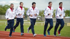 (From left) Joe Evans, Tom Toolis, Joe Choong, Sam Curry and Jamie Cooke on the outdoor athletics track