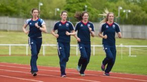 (From left) Samantha Murray, Joanna Muir, Kate French and Freyja Prentice on the athletics track