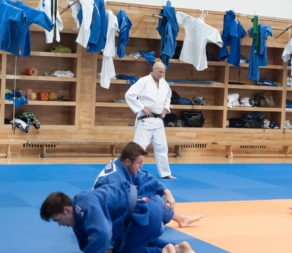 Coach Juergen Klinger watches Ben Fletcher in training 