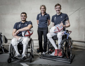 201600610 Copyright onEdition 2016 © Free for editorial use image, please credit: onEdition Fencers Dimitri Coutya and Piers Gilliver , who will compete for ParalympicsGB at Rio 2016 with ParalympicsGB Chef de Mission Penny Briscoe. ParalympicsGB is the name for the Great Britain and Northern Ireland Paralympic Team that competes at the summer and winter Paralympic Games. The Team is selected and managed by the British Paralympic Association, in conjunction with the national governing bodies, and is made up of the best sportsmen and women who compete in the 22 summer and 4 winter sports on the Paralympic Programme. Media enquiries for ParalympicsGB should be addressed to the ParalympicsGB Press Office T: 07717 587 055 E: press@paralympics.org.uk If you require require a higher resolution image or you have any other onEdition photographic enquiries, please contact onEdition on 0845 900 2 900 or email info@onEdition.com This image is copyright onEdition 2016©. This image has been supplied by onEdition and must be credited onEdition. The author is asserting his full Moral rights in relation to the publication of this image. Rights for onward transmission of any image or file is not granted or implied. Changing or deleting Copyright information is illegal as specified in the Copyright, Design and Patents Act 1988. If you are in any way unsure of your right to publish this image please contact onEdition on 0845 900 2 900 or email info@onEdition.com