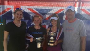 Team Bath MCTA's Megan Davies (second from left) and Alex Hunter won the U18 Girls' Doubles title at the 2016 National Junior Tennis Championships. They are pictured with coaches Melanie South and Jim Edgar.