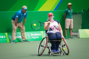 Louise Hunt competing in the wheelchair tennis at the Rio 2016 Paralympic Games. PICTURE: onEdition