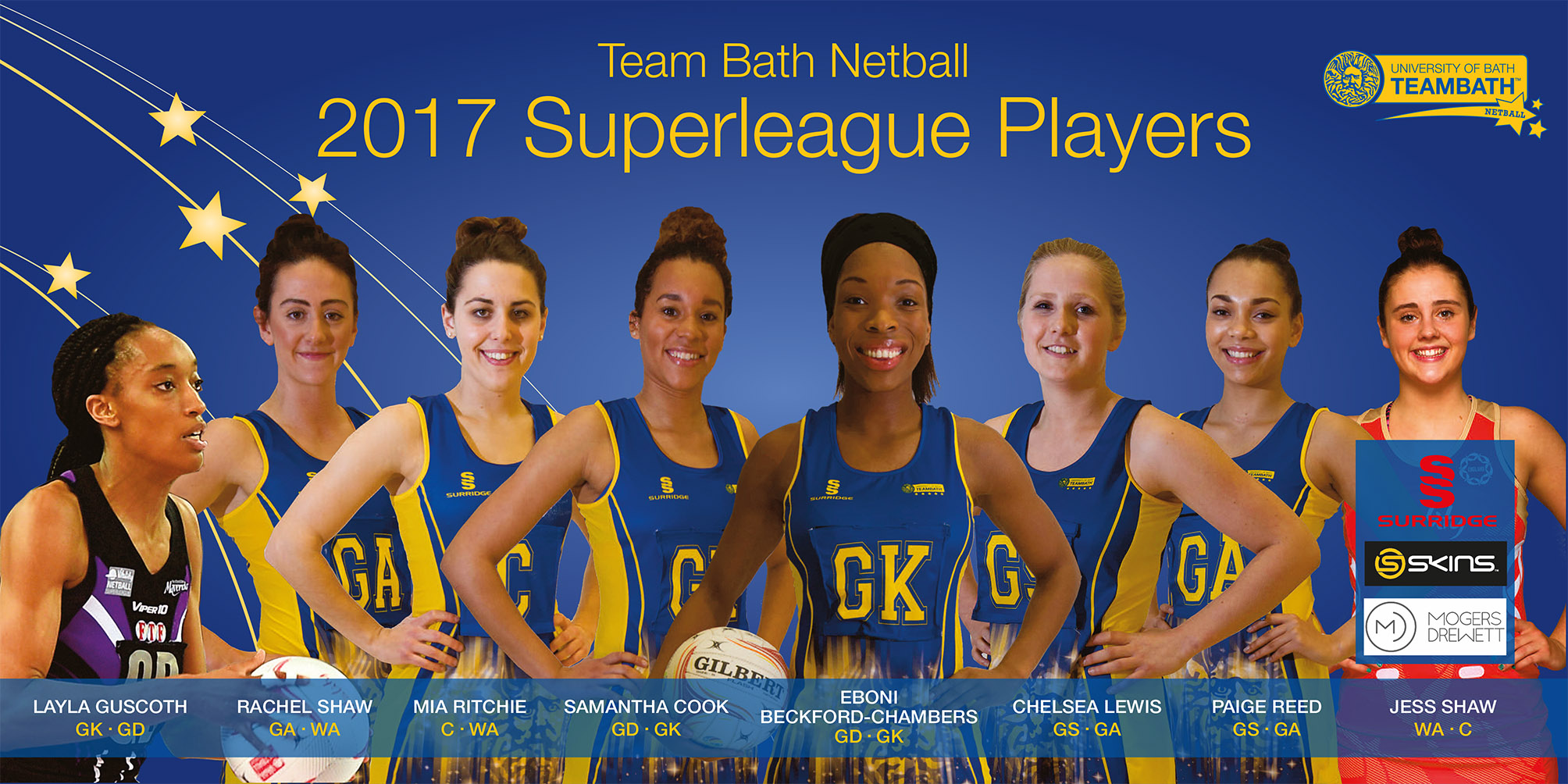 Team Bath Netball Superleague squad 2017 - Layla Guscoth, Rachel Shaw, Mia Ritchie, Sam Cook, Eboni Beckford-Chambers, Chelsea Lewis, Paige Reed and Jess Shaw