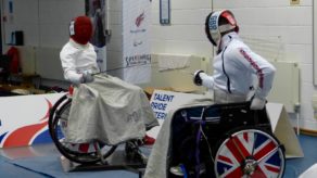 Rio 2016 Paralympic Games wheelchair fencing preparation camp at the University of Bath, August 2016. Dimitri Coutya and Gemma Collis sparring