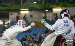 Piers Gilliver faces Sun Gang in wheelchair fencing epee final at the Rio 2016 Paralympic Games