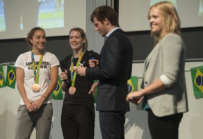 Emily Diamond and Eilidh Doyle interviewed on stage by Will Galloway and Rosie Lawrence. Rio 2016 Olympic & Paralympic medallist celebrations, October 12 2016. PICTURE: Clare Green for Matchtight