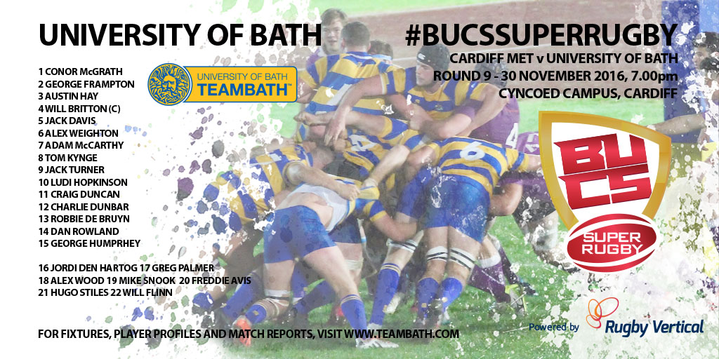 The University of Bath men's 1st XV squad for the BUCS Super Rugby match at Cardiff Met in November 2016