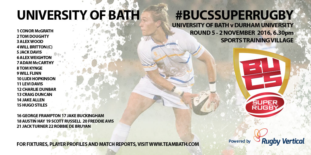 University of Bath starting XV for BUCS Super Rugby match against Durham University, November 2016