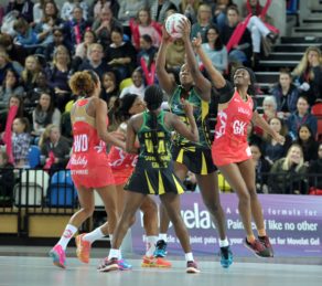 England's Eboni Beckford-Chambers in the melee as Jamaica's Jhaniele Fowler-Reid is put under pressure. MUST CREDIT: Steve Porter