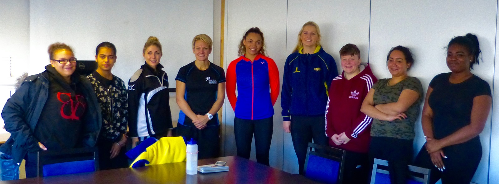 Team Bath Netball's Paige Reed and Chelsea Lewis with members of the Dame Kelly Holmes Trust Get On Track mentoring scheme, supported by Wesport and the 2nd Chance Group, November 2016