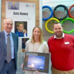 Kate Howey is welcomed into the University of Bath Hall of Fame for Sport by Director of Sport Stephen Baddeley (left) and Deputy Director of Sport Greg Sharp, November 2016