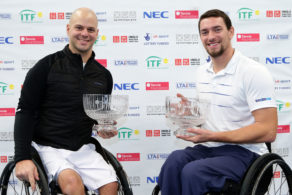 BATH, ENGLAND - NOVEMBER 19: Men's Doubles winners Stefan Olsson of Sweden (L) and Joachim Gerard of Belgium (R) pose with their trophies after defeating Gustavo Fernandez of Argentina and Maikel Scheffers of Netherlands during the Bath Indoors Wheelchair Tennis Tournament on November 19, 2016 in Bath, England. (Photo by Daniel Smith/Getty Images for LTA)