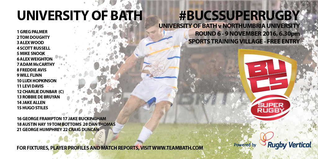 BUCS Super Rugby team sheet for University of Bath v Northumbria University, November 2016