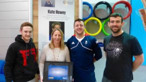 Kate Howey with Team Bath judoka (from left) Gregg Varey, Ben Fletcher and Adam Hall during her induction to the Hall of Fame for Sport, November 2016