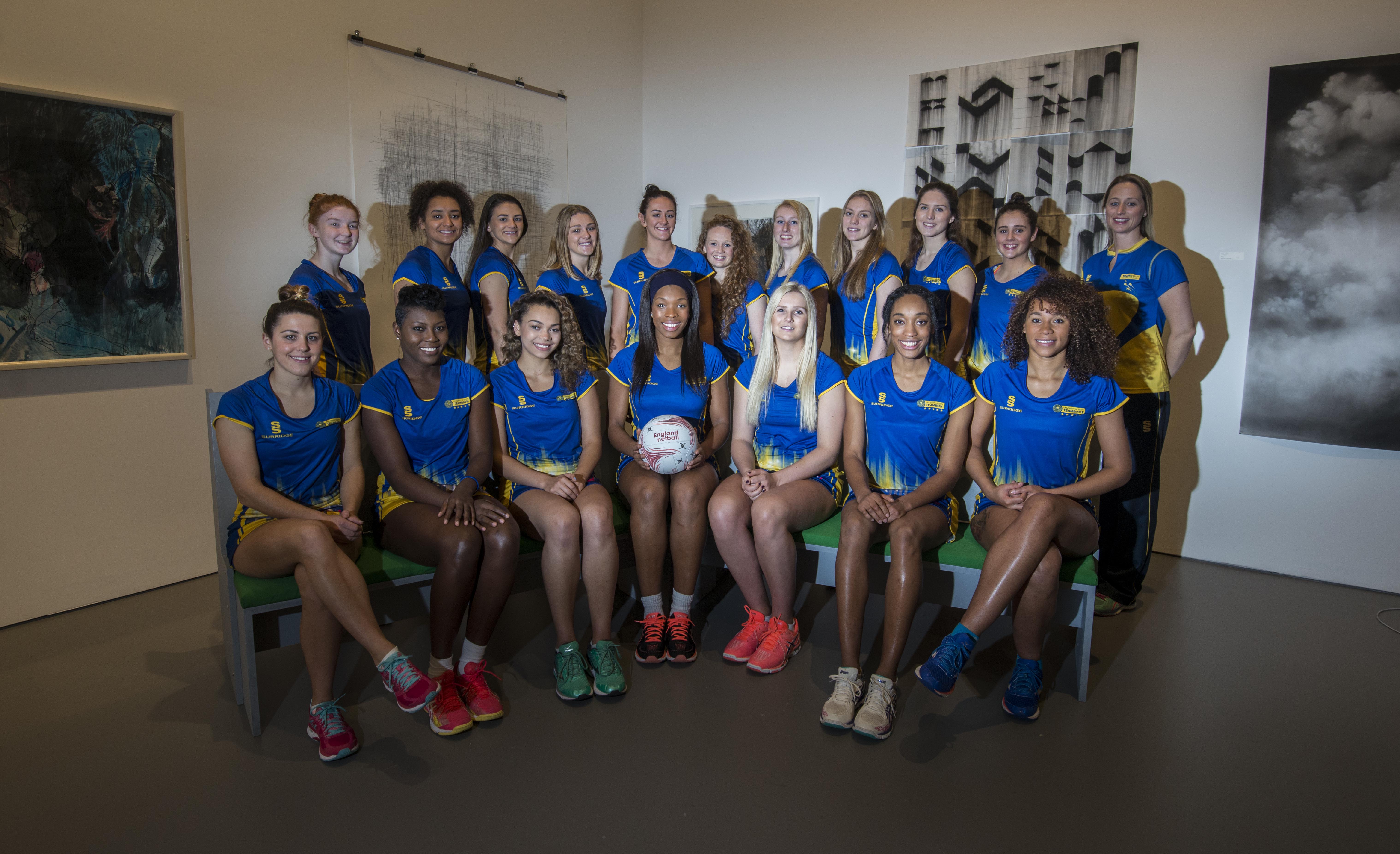 The 2017 Team Bath Netball Superleague squad and training partners with Director of Netball Jess Thirlby