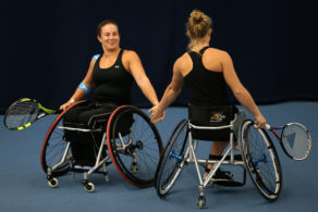 BATH, ENGLAND - NOVEMBER 18: Women's Doubles Finalists pair Diede De Groot of NederlandÕs and Lucy Shuker of Great Britain tap hands between points during their match against Marjolein Buis of NederlandÕs and Katharina Kruger of Germany during the Bath Indoors Wheelchair Tennis Tournament on November 18, 2016 in Bath, England. (Photo by Daniel Smith/Getty Images for LTA) *** Local Caption *** Diede De Groot;Lucy Shuker