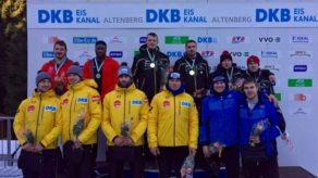 Bruce Tasker and Toby Ulubi (back row, left) won Europa Cup two-man bobsleigh silver in Altenberg, December 2016