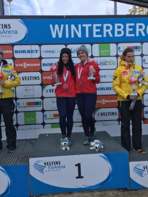 Mica McNeill and Mica Moore celebrate after being crowned as Junior World Bobsleigh Champions in January 2017