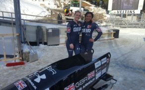 Mica McNeill and Mica Moore celebrate after being crowned as Junior World Bobsleigh Champions in January 2017